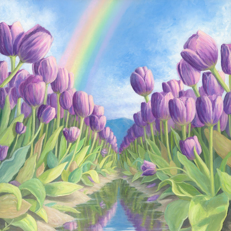 2026 Poster Image featuring purple tulips lining a row of water and rainbow in the sky